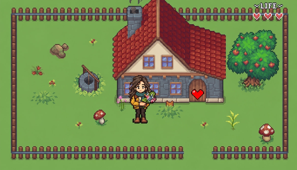 Personalised pixel game screenshot: the hero waits outside a cottage with a bouquet, next to a well and an apple tree
