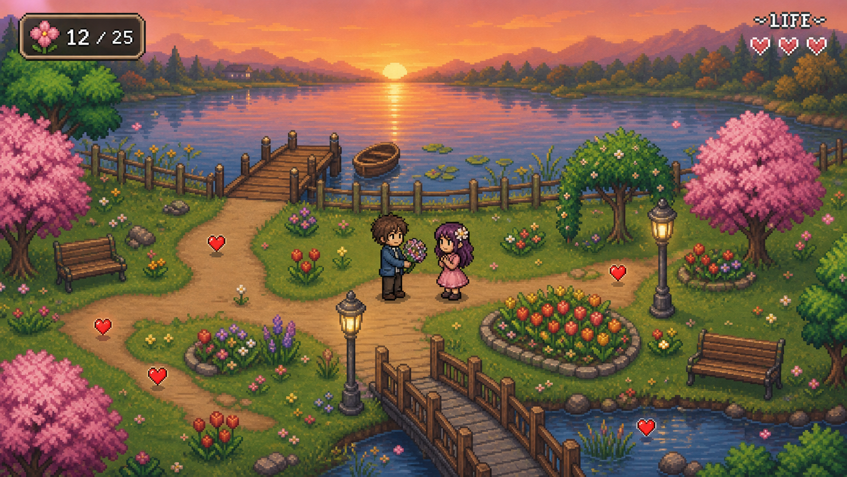 Personalised pixel game screenshot: two original characters meet during a flower-collection level by a lake