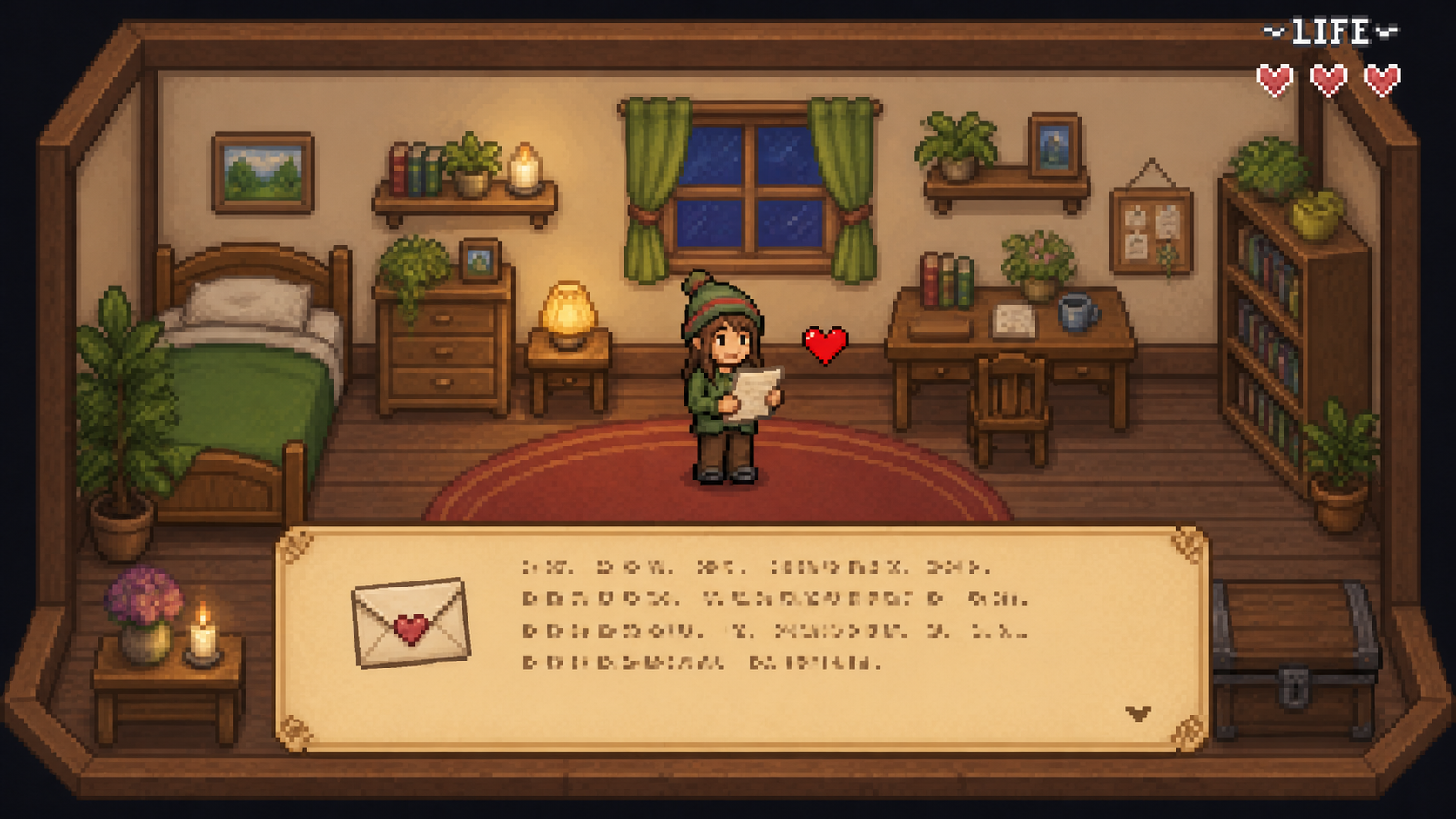 Personalised pixel game screenshot: an original character reads a heartfelt letter in a cosy room