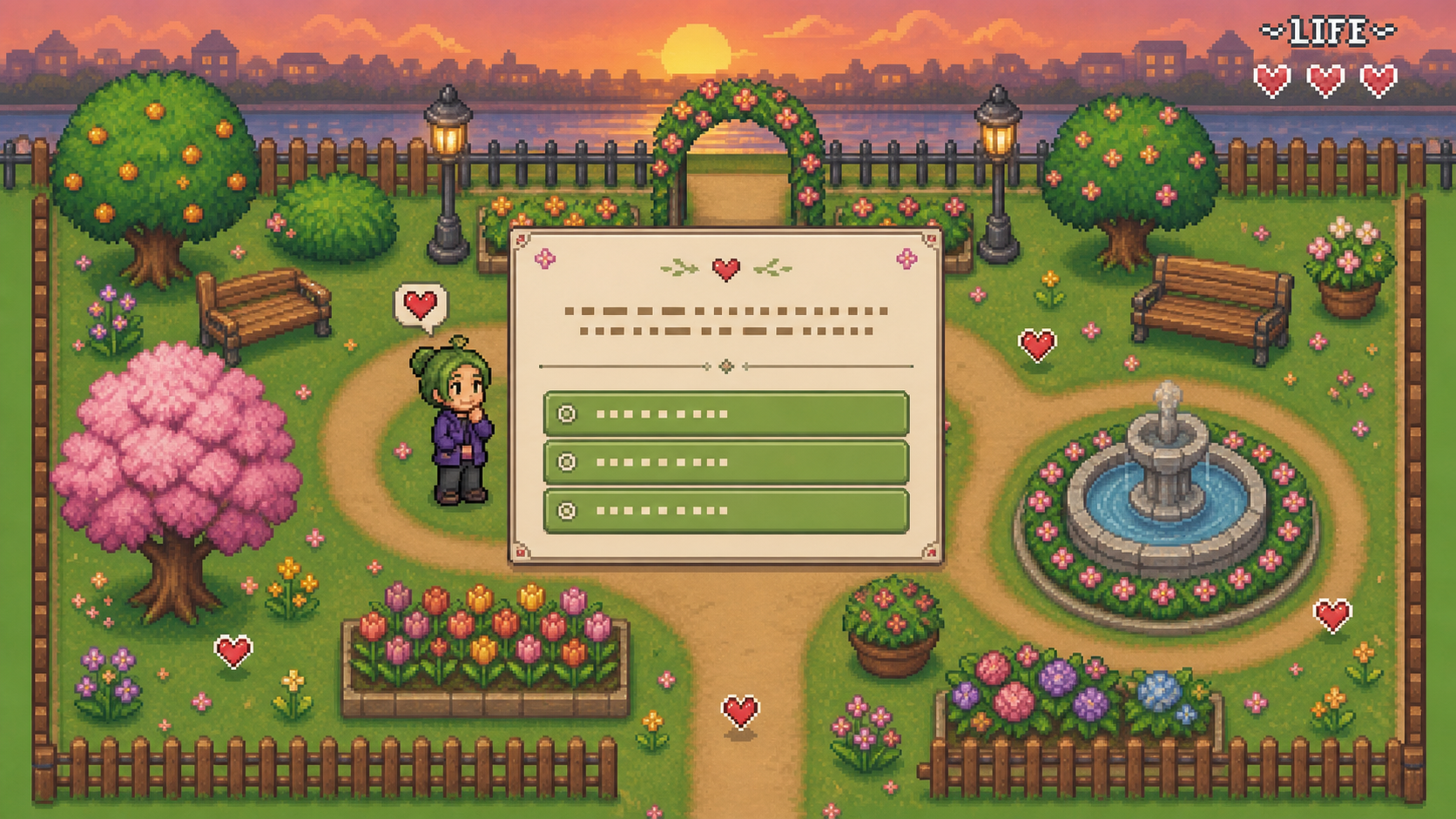 Personalised pixel game screenshot: an interactive relationship quiz in a flower garden